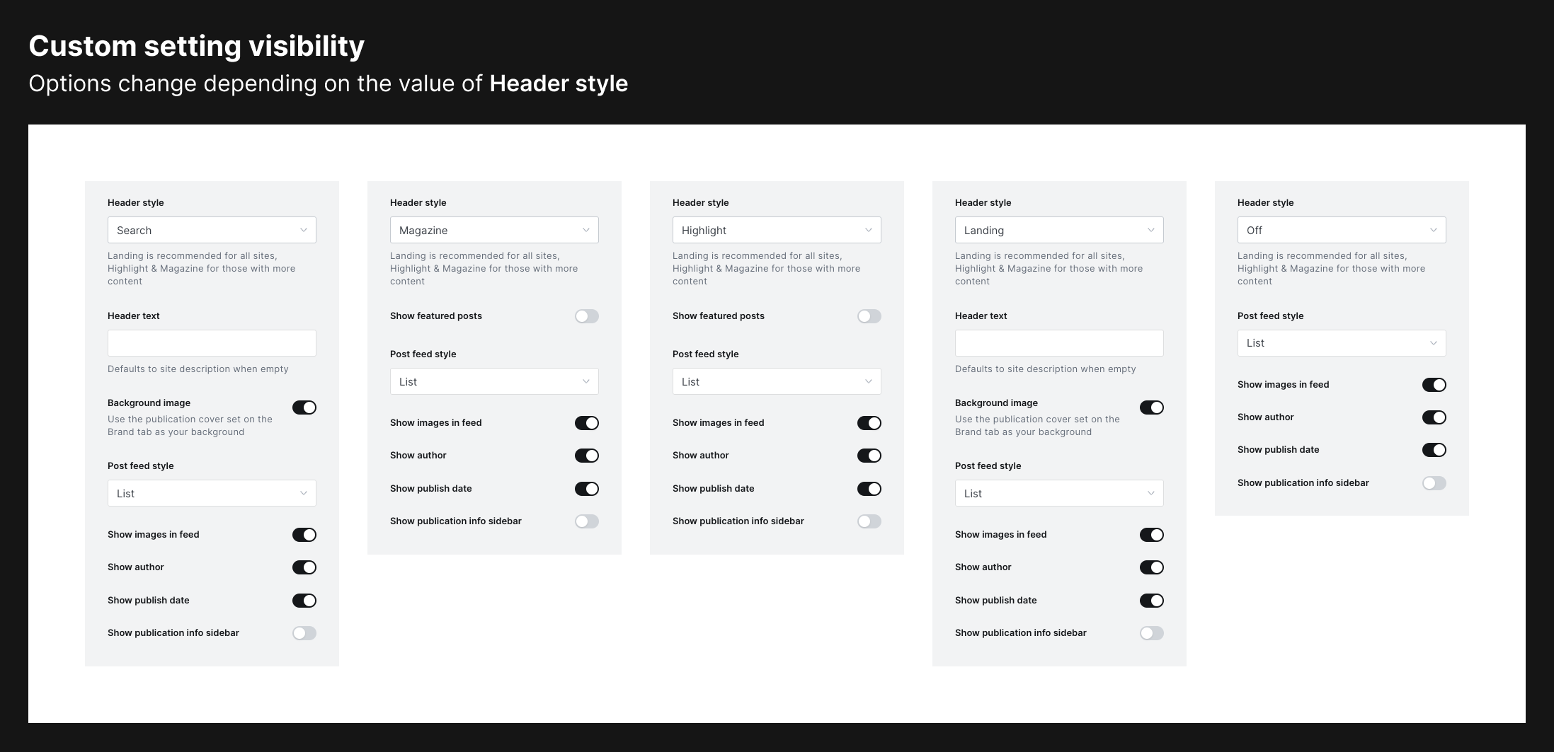 Custom settings shown in a variety of states. All of them show different options depending on the value of the first option, header style