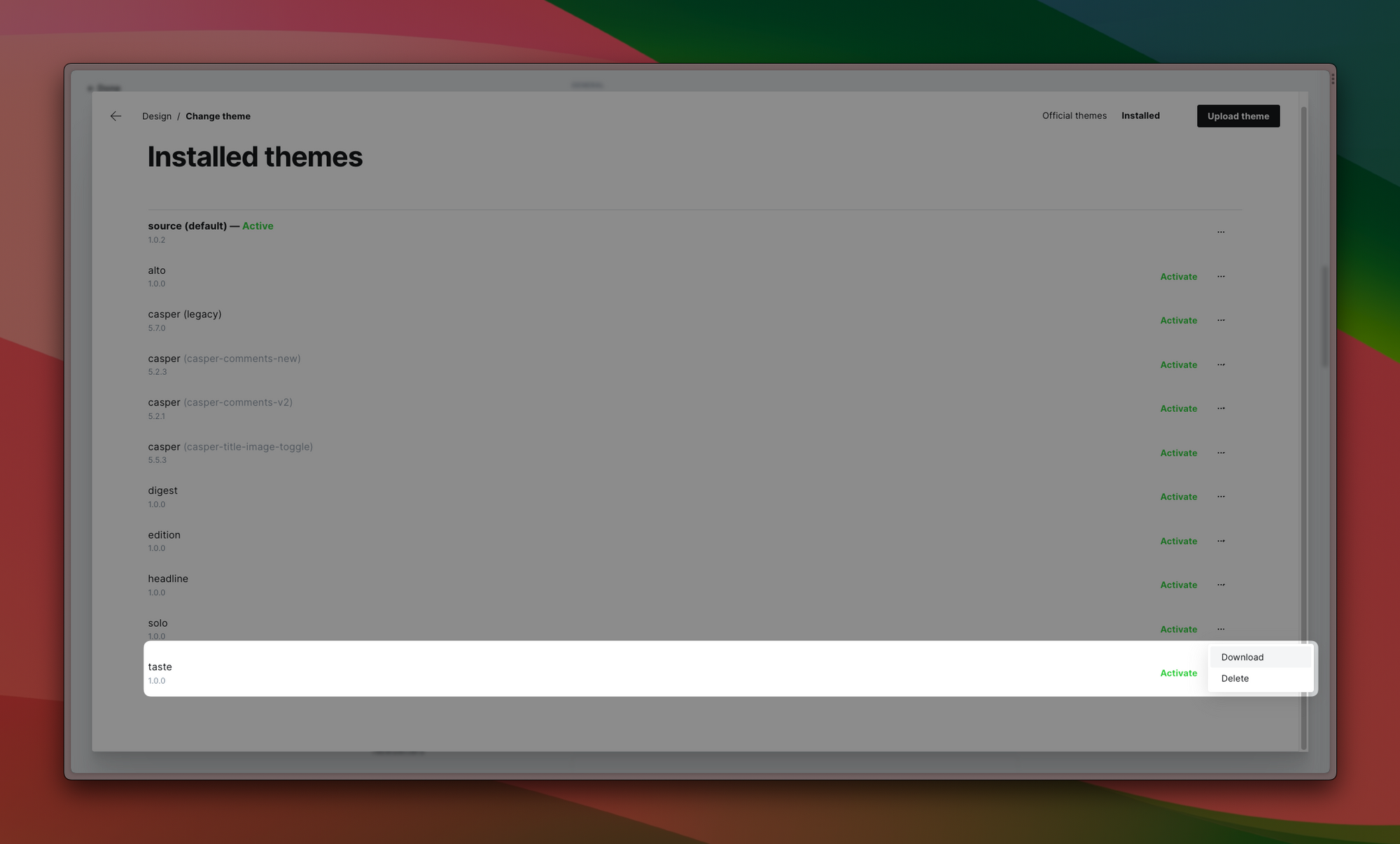 Themes page with Download option highlighted