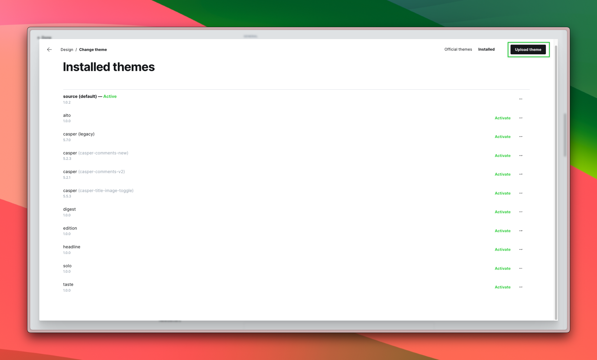 Themes page with Upload theme button highlighted