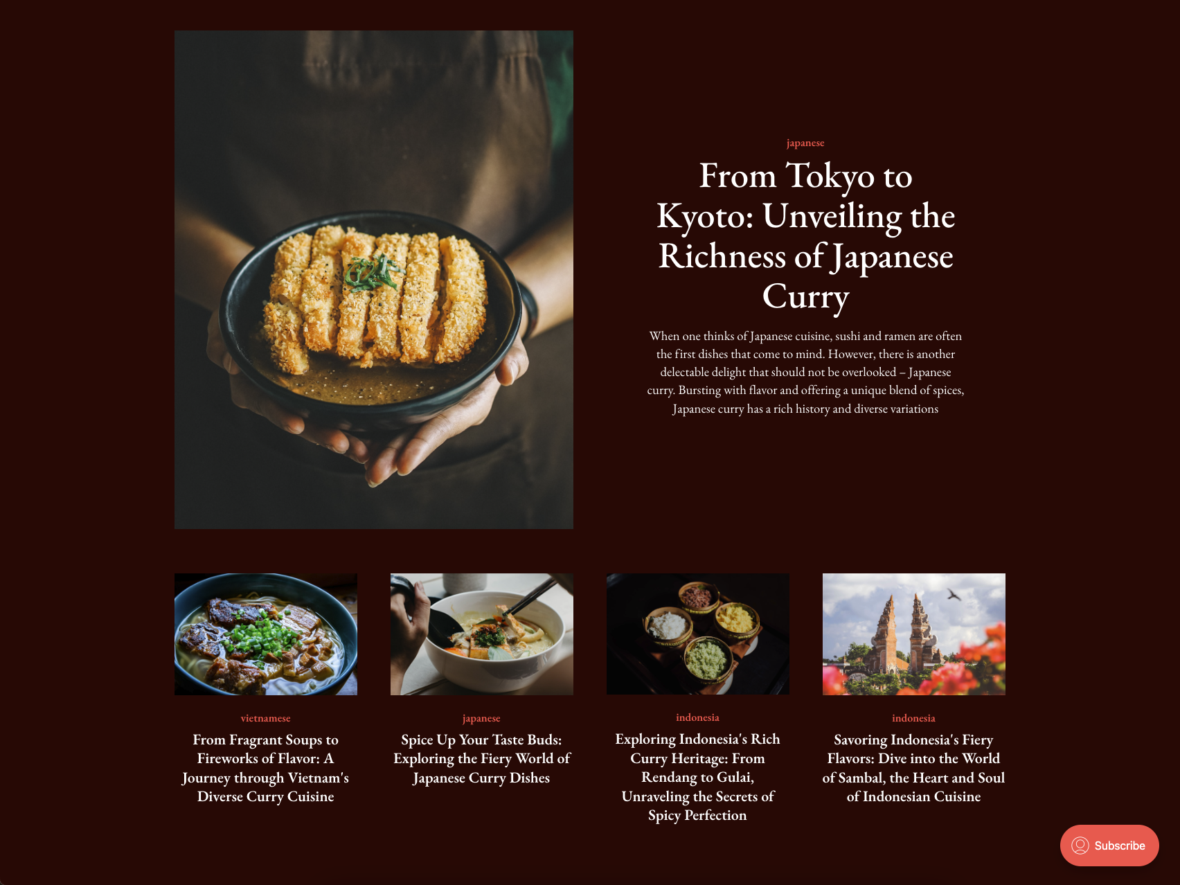 A food website showing different elaborate articles on curry