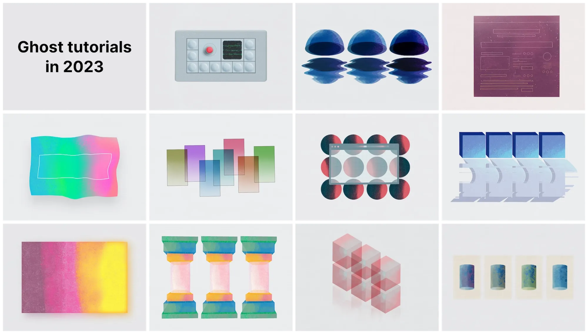 A grid of artwork showing the feature images for tutorials published on Ghost