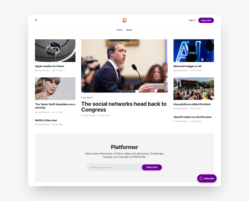 Platformer homepage, showing stories on Facebook, Meta AI, Apple Vision, and more