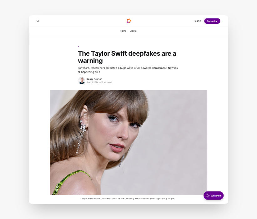 Platformer article on Taylor Swift deepfakes