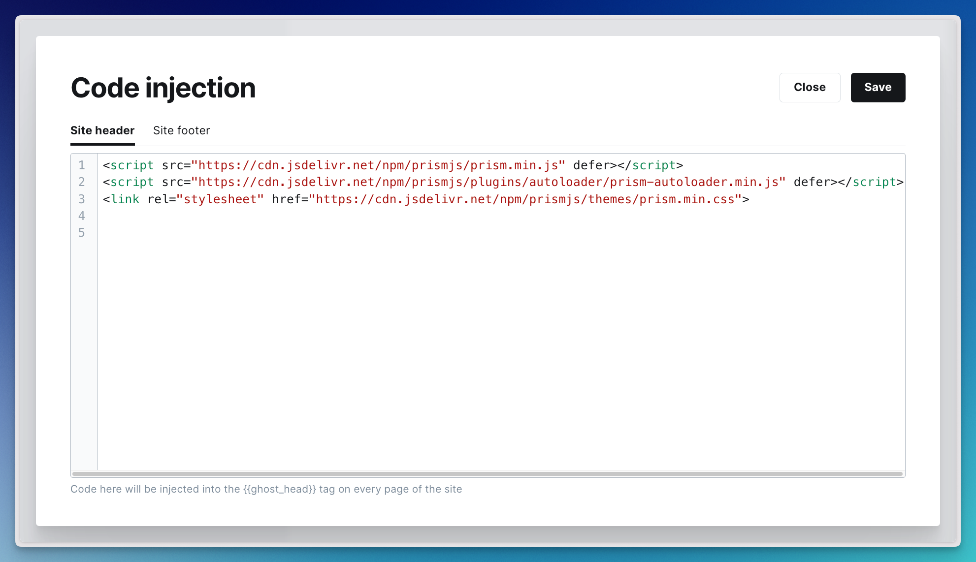 Code Injection fields in Ghost Admin Settings