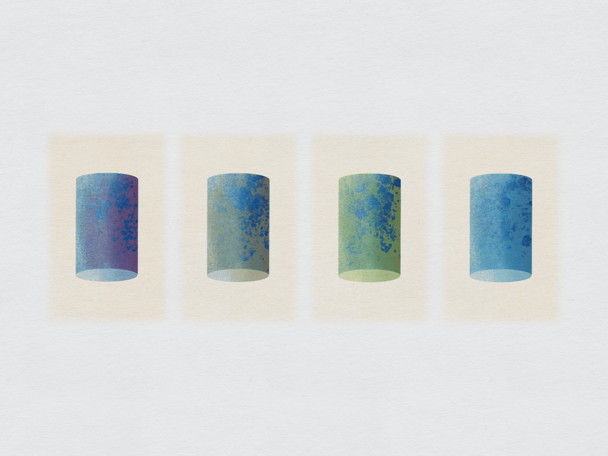 Four abstract canisters that are similar, in riso style.
