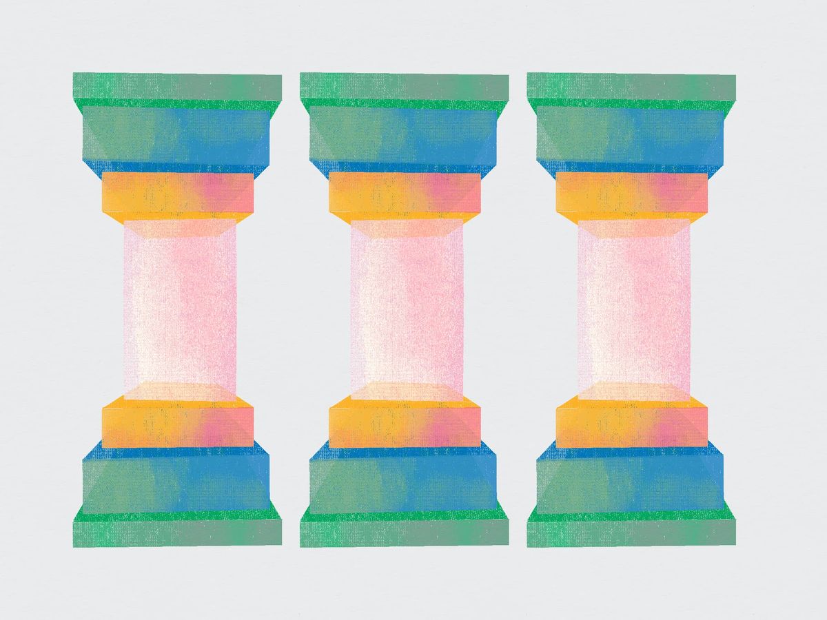 Three columns drawn in a risograph style