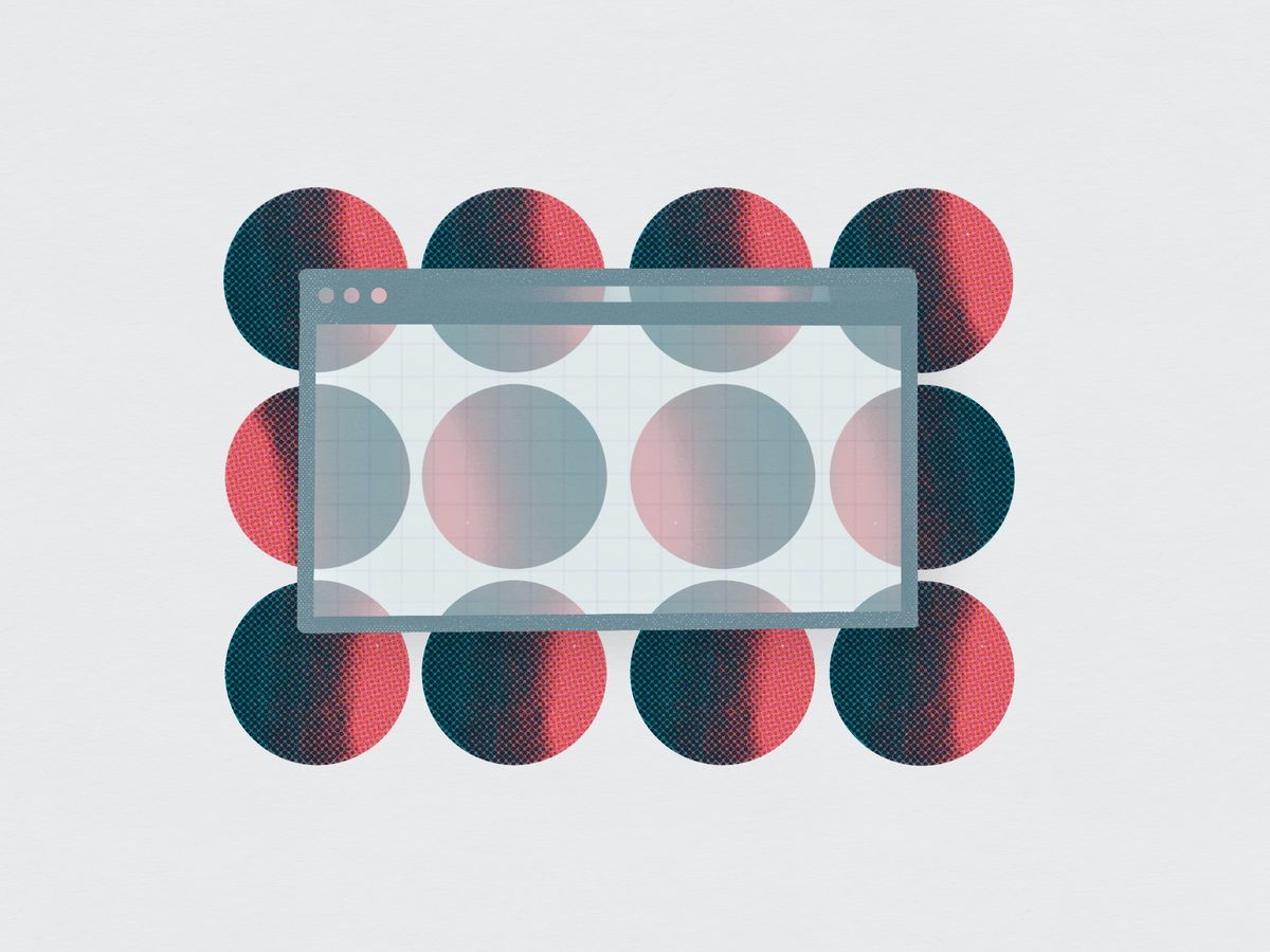 Risograph style browser window with several spheres behind it