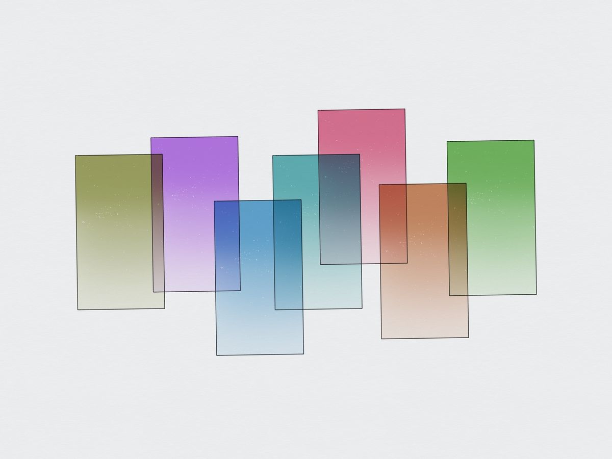 Colorful translucent rectangles symbolizing different partials hanging out partying