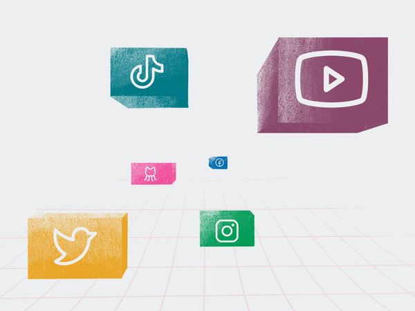 social media icons on abstract floating blocks